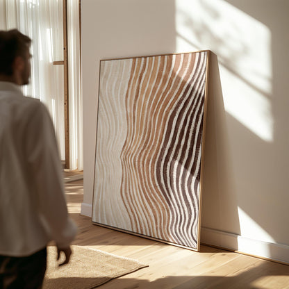 Rippling contour lines in cocoa brown and cream, canvas print styled against a soft white wall