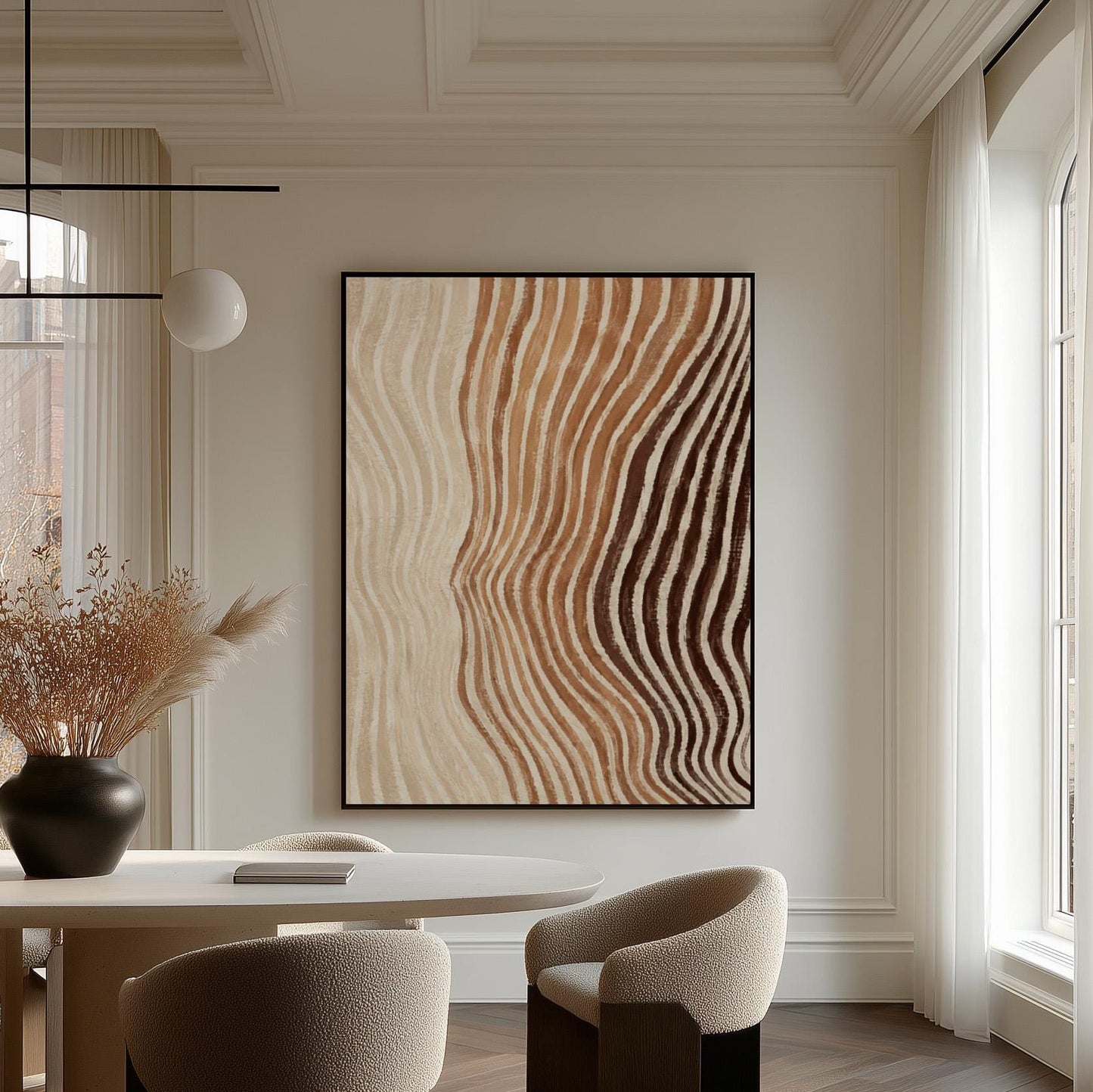Rippling contour lines in cocoa brown and cream, canvas print seen in a warm interior with natural light