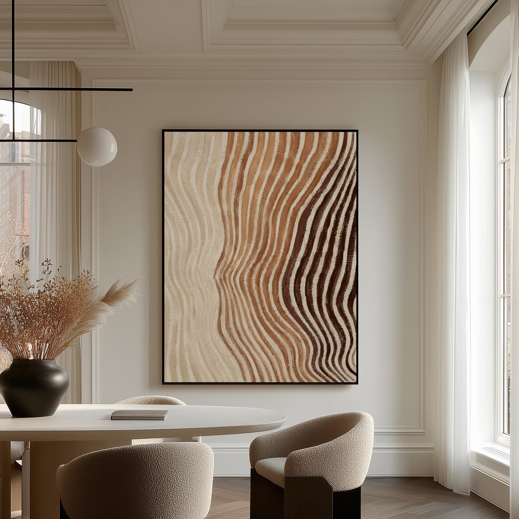 Rippling contour lines in cocoa brown and cream, canvas print seen in a warm interior with natural light