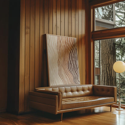 Rippling contour lines in cocoa brown and cream, canvas print presented in a light, minimal room