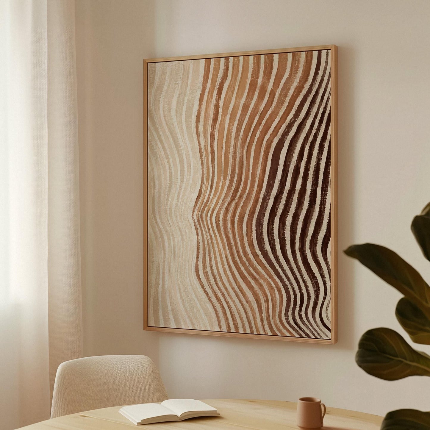 Rippling contour lines in cocoa brown and cream, canvas print shown to scale in a furnished room
