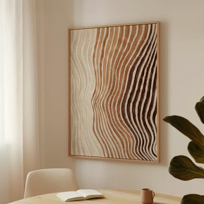 Rippling contour lines in cocoa brown and cream, canvas print shown to scale in a furnished room