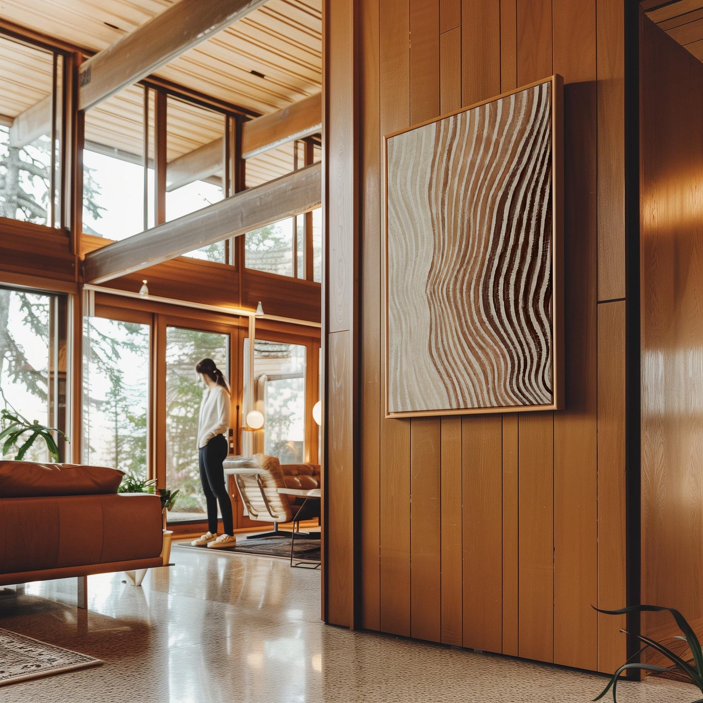 Rippling contour lines in cocoa brown and cream, canvas wall art hanging in a calm, modern living space