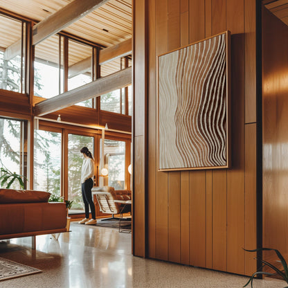 Rippling contour lines in cocoa brown and cream, canvas wall art hanging in a calm, modern living space