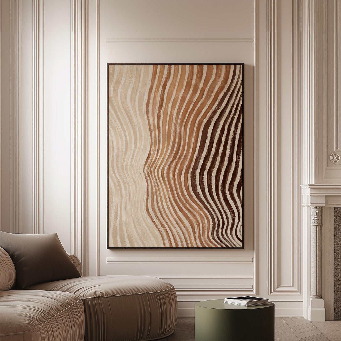Rippling contour lines in cocoa brown and cream, canvas print on a softly lit wall in a calm interior