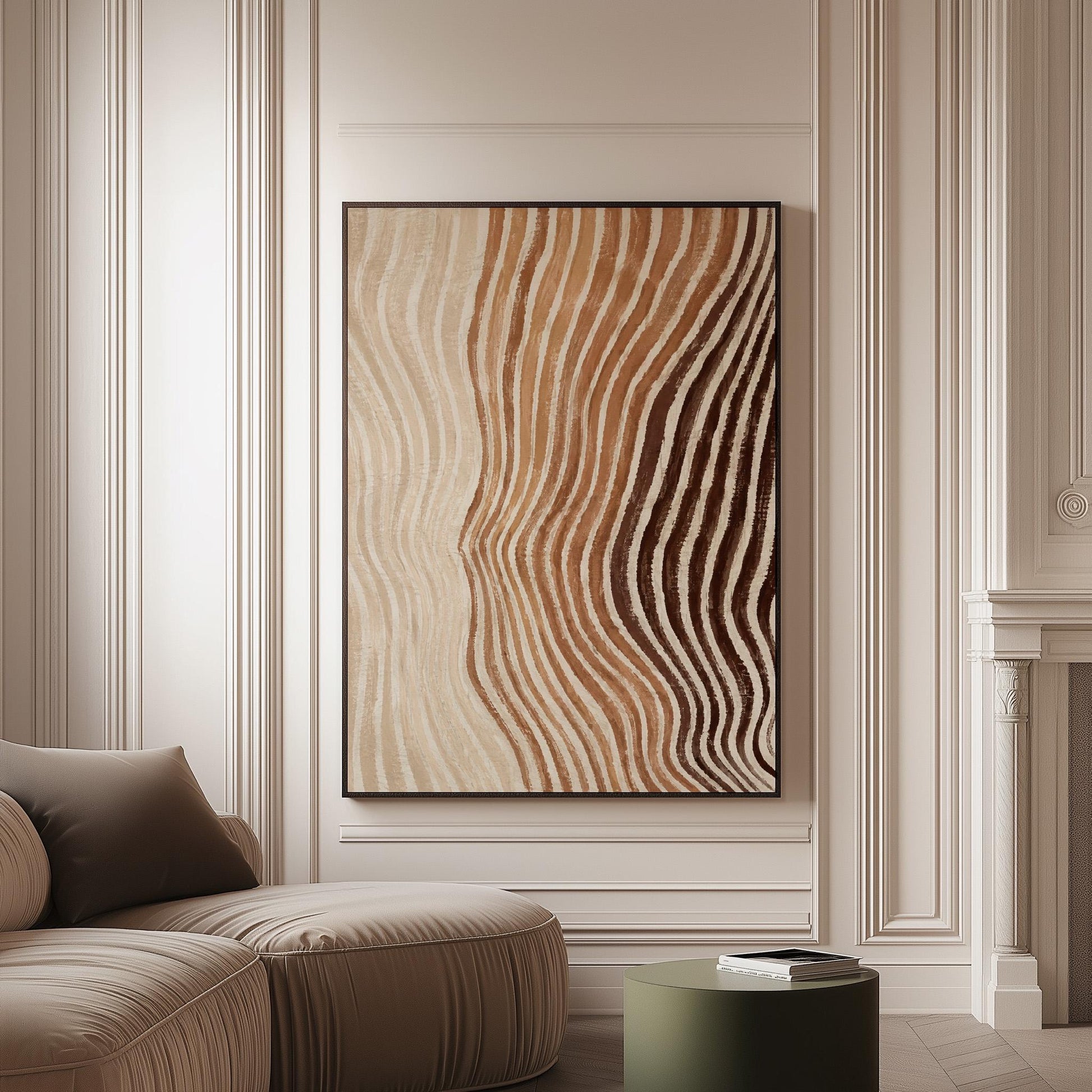 Rippling contour lines in cocoa brown and cream, canvas print on a softly lit wall in a calm interior