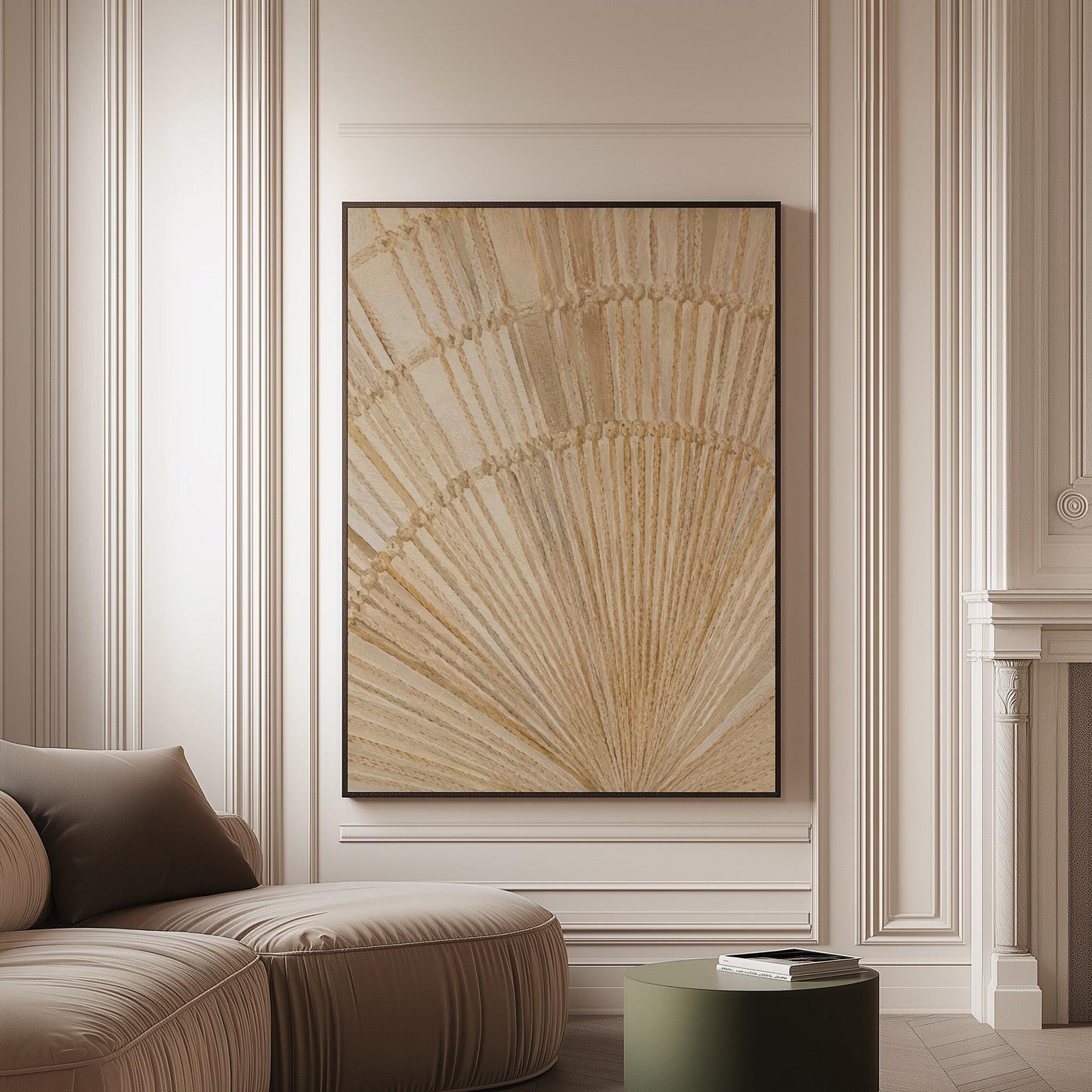 Golden fan palm leaf with radiating rays on cream, canvas print on a softly lit wall in a calm interior