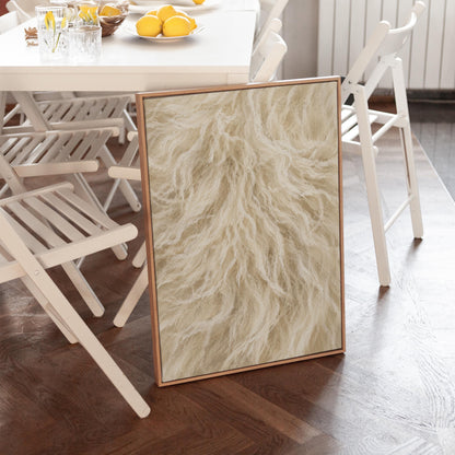 Soft flowing cream strands filling the frame, canvas print styled against a soft white wall