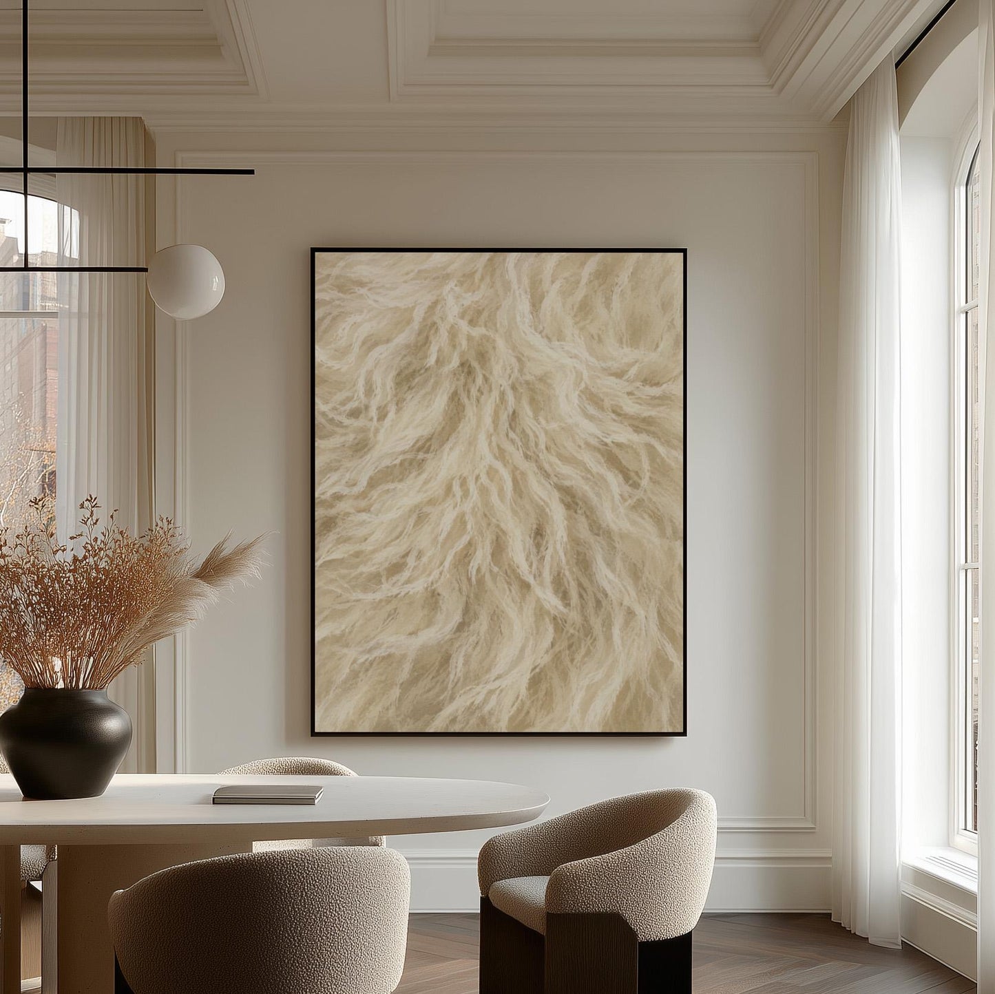 Soft flowing cream strands filling the frame, canvas print presented in a light, minimal room