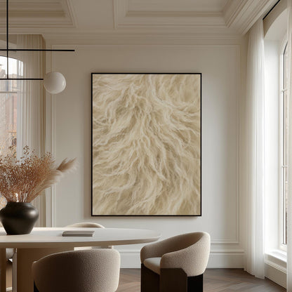 Soft flowing cream strands filling the frame, canvas print presented in a light, minimal room