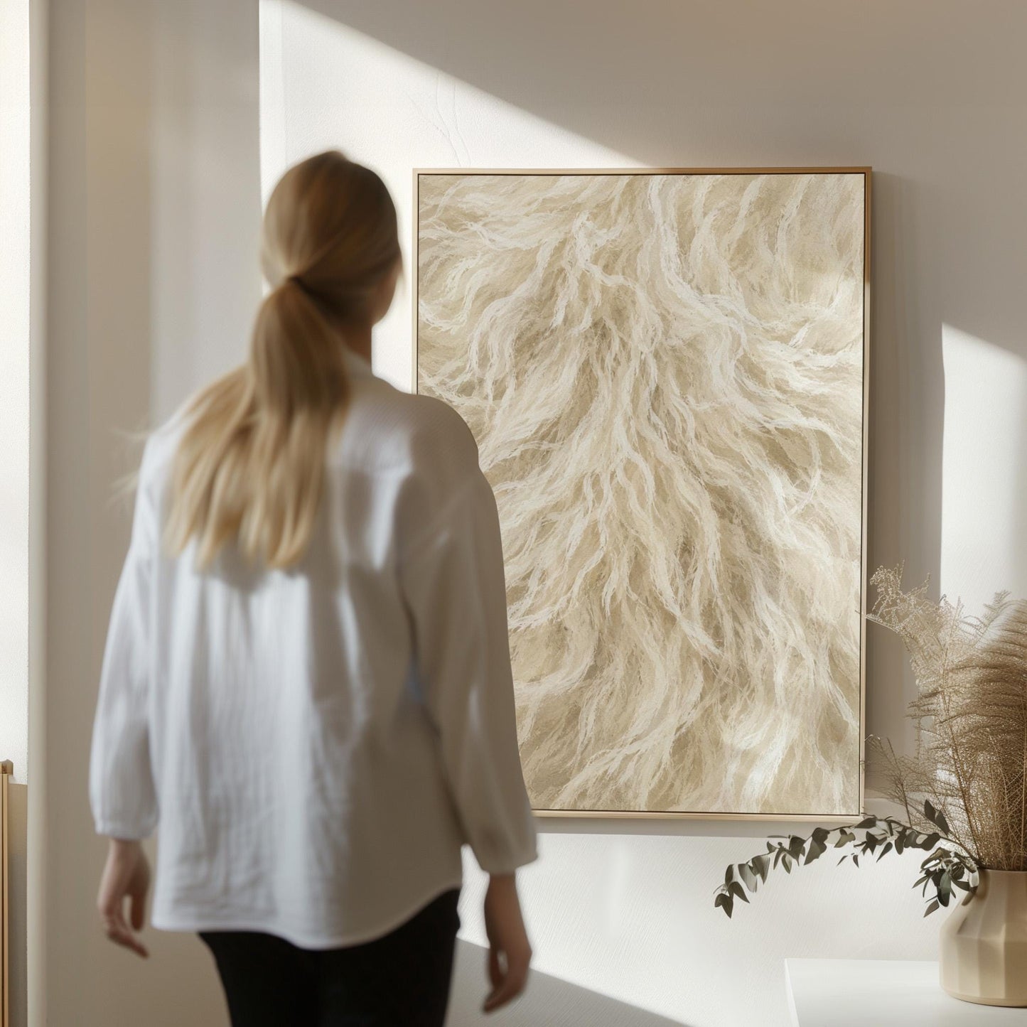 Soft flowing cream strands filling the frame, canvas print shown in a sunlit, contemporary room