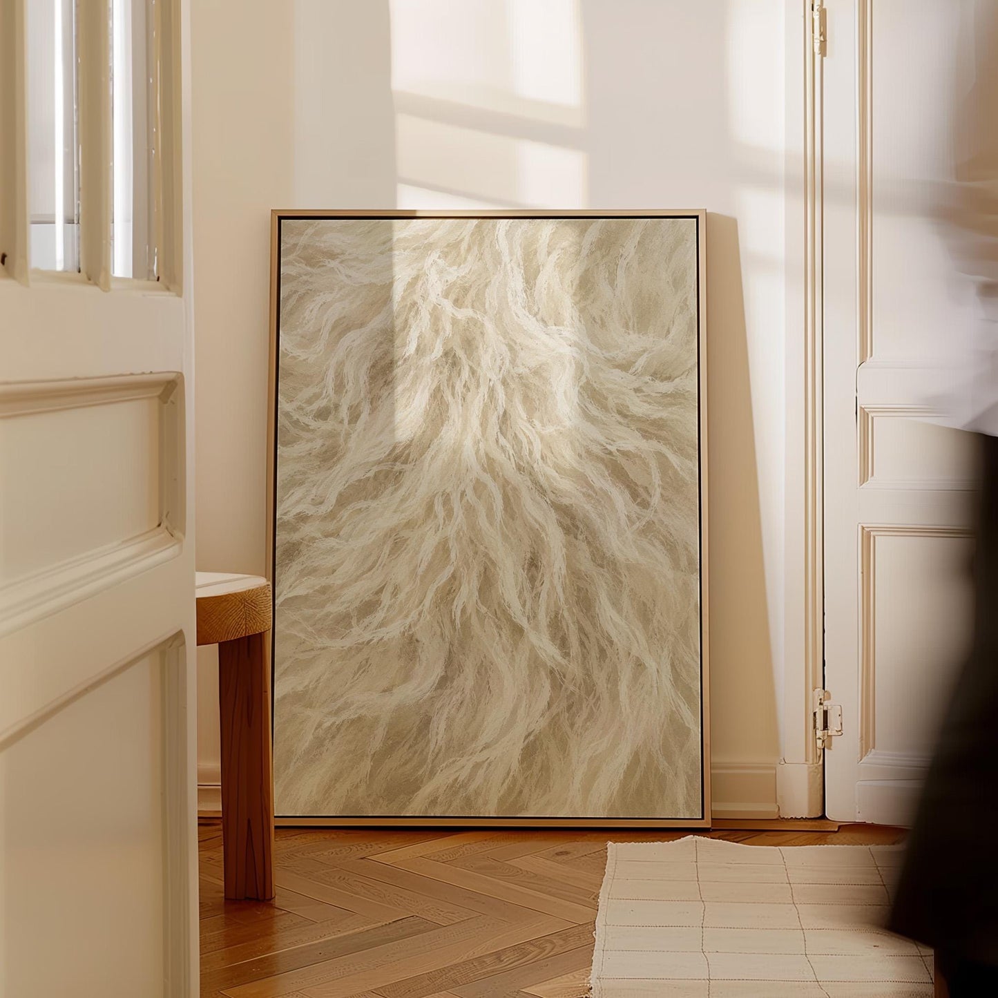 Soft flowing cream strands filling the frame, canvas wall art seen in a warm interior with natural light