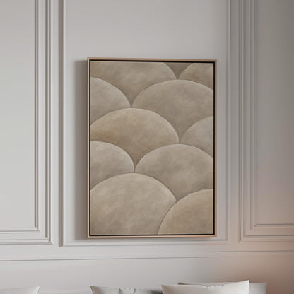 Overlapping dome scallop pattern in warm greige, canvas print in a bright room with natural daylight