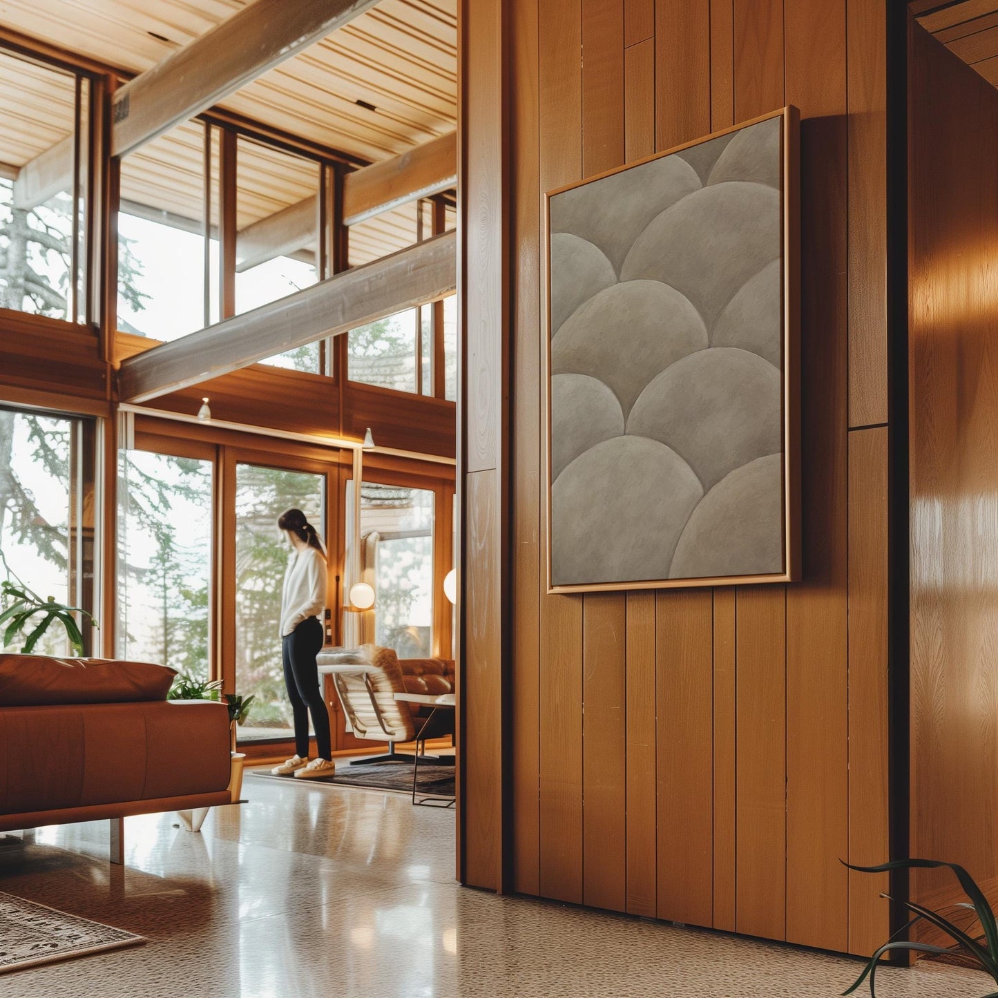 Overlapping dome scallop pattern in warm greige, canvas print hanging in a calm, modern living space