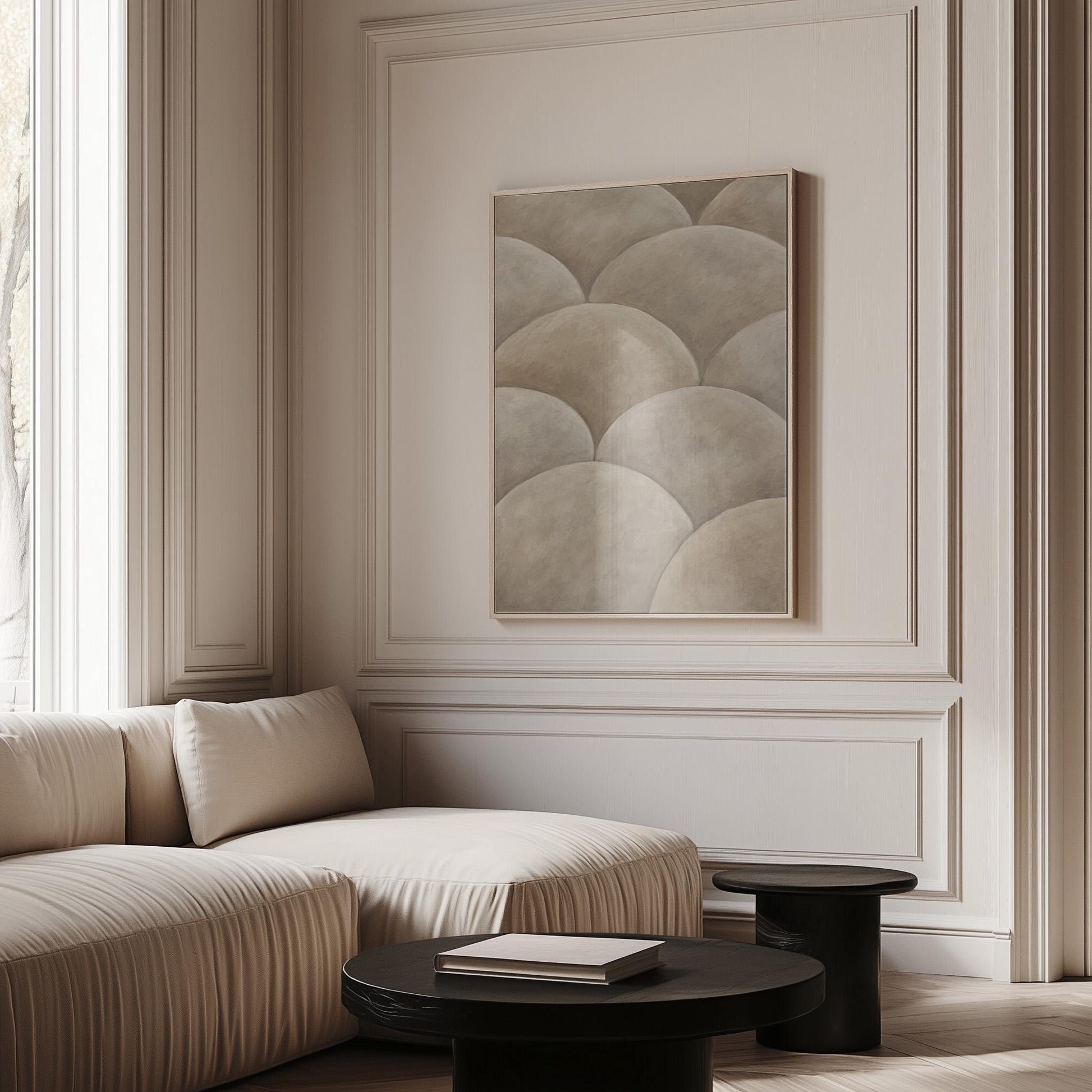 Overlapping dome scallop pattern in warm greige, canvas print seen in a warm interior with natural light