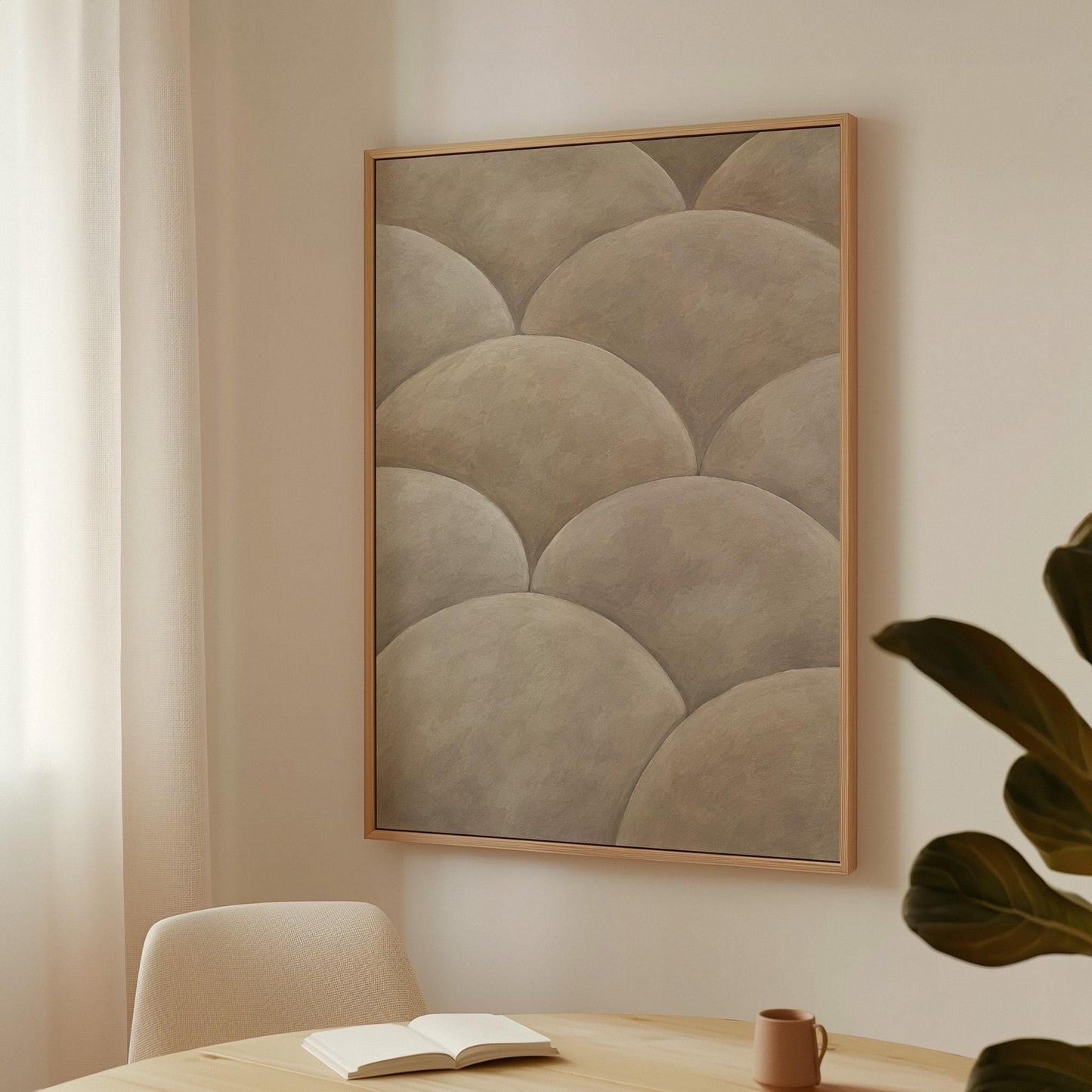 Overlapping dome scallop pattern in warm greige, canvas print on a quiet wall in a considered interior
