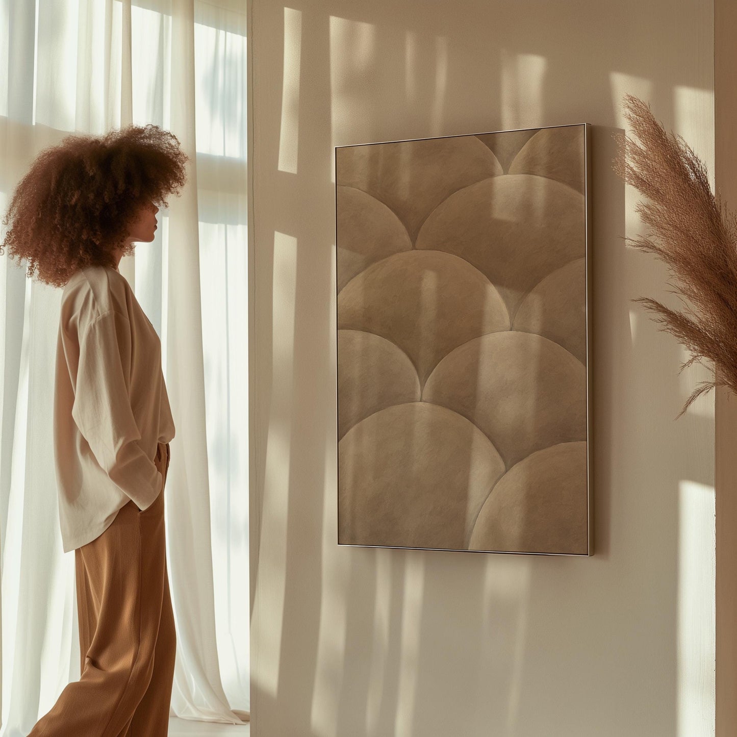 Overlapping dome scallop pattern in warm greige, canvas wall art styled against a soft white wall