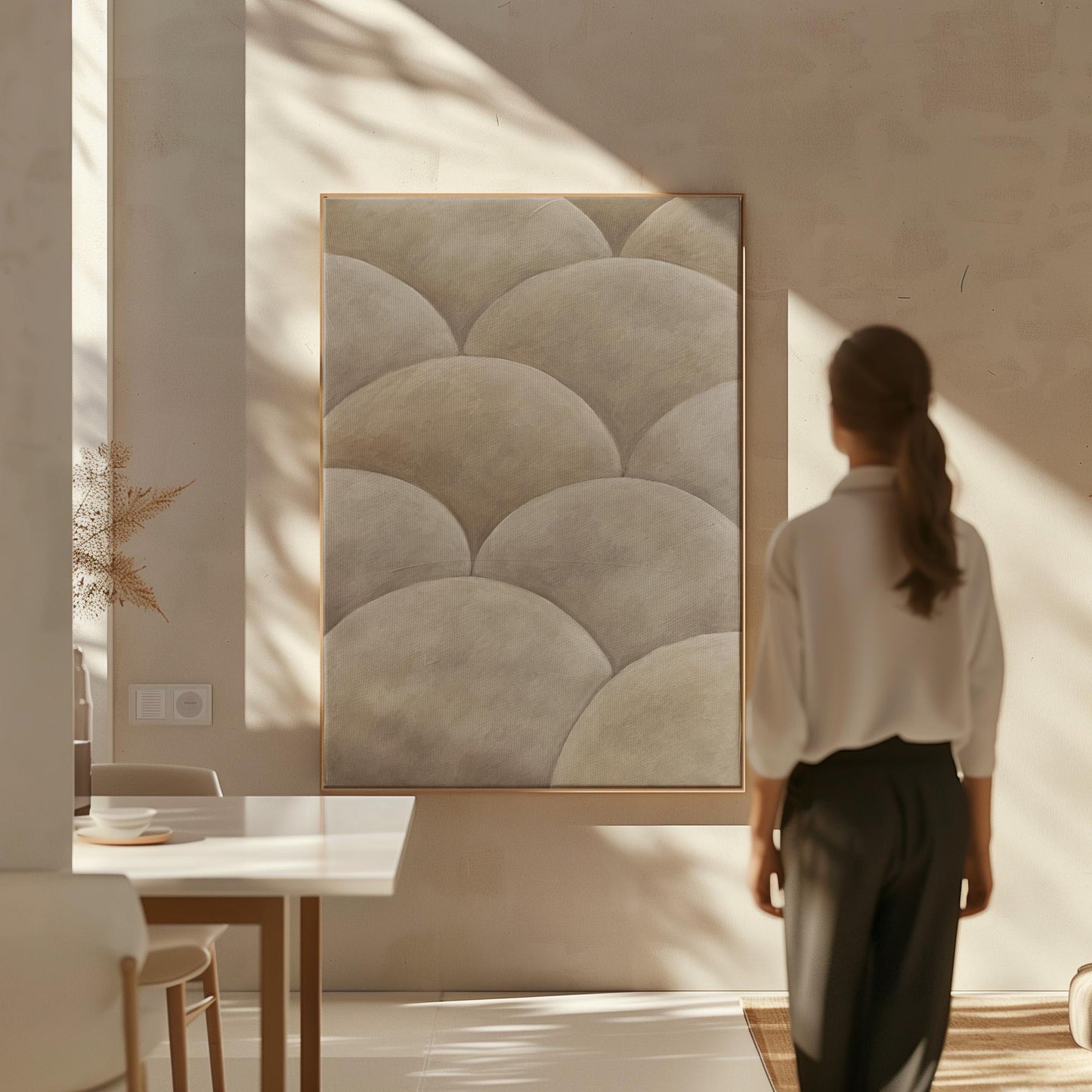 Overlapping dome scallop pattern in warm greige, canvas wall art seen in a warm interior with natural light