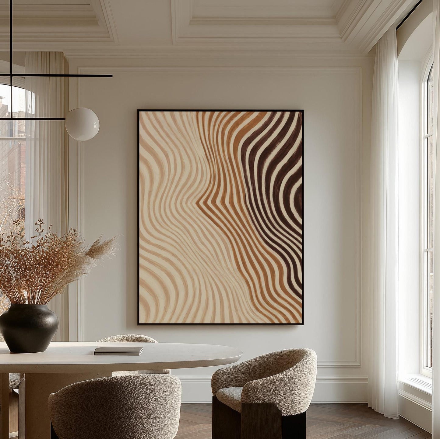 Wavy line pattern fading from beige to rust and brown, canvas print presented in a light, minimal room