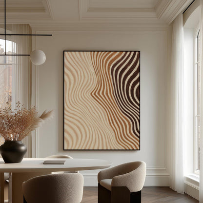 Wavy line pattern fading from beige to rust and brown, canvas print presented in a light, minimal room