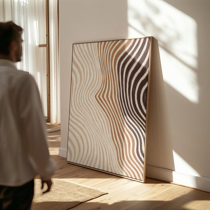 Wavy line pattern fading from beige to rust and brown, canvas print shown to scale in a furnished room