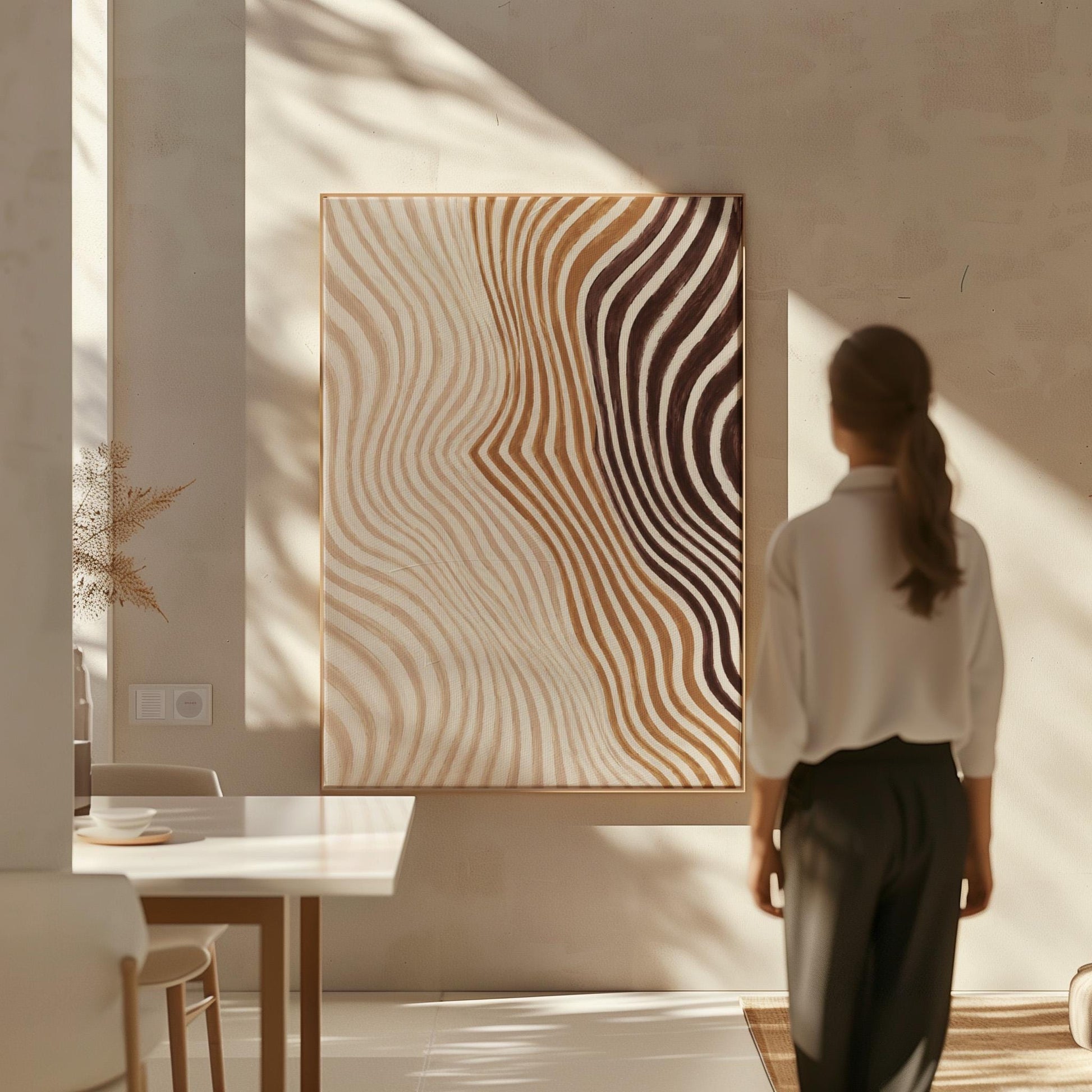Wavy line pattern fading from beige to rust and brown, canvas wall art presented in a light, minimal room