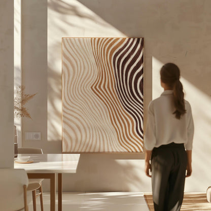Wavy line pattern fading from beige to rust and brown, canvas wall art presented in a light, minimal room