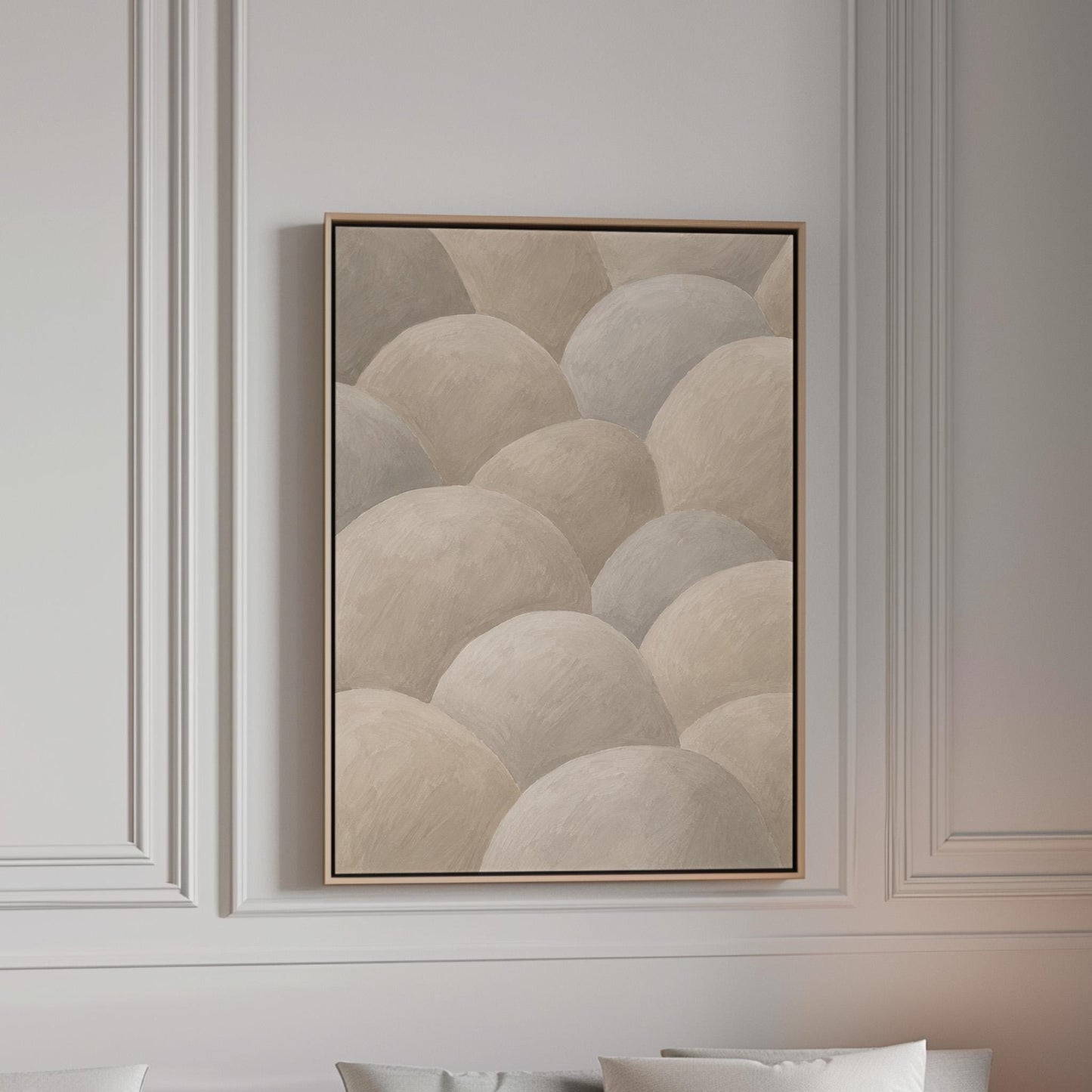 Rows of soft dome shapes in stone gray and beige, canvas print in a bright room with natural daylight