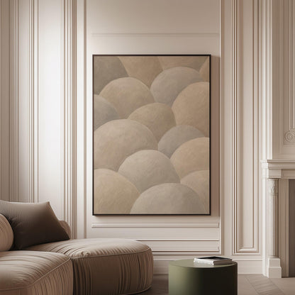 Rows of soft dome shapes in stone gray and beige, canvas print on a softly lit wall in a calm interior