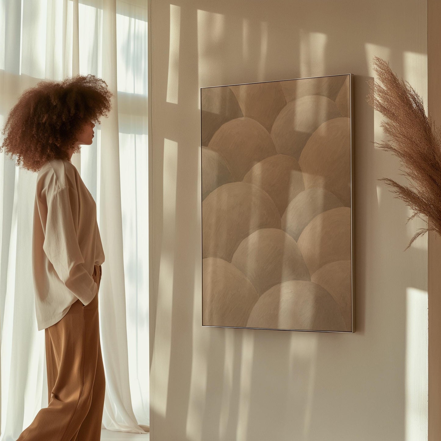 Rows of soft dome shapes in stone gray and beige, canvas print shown in a sunlit, contemporary room