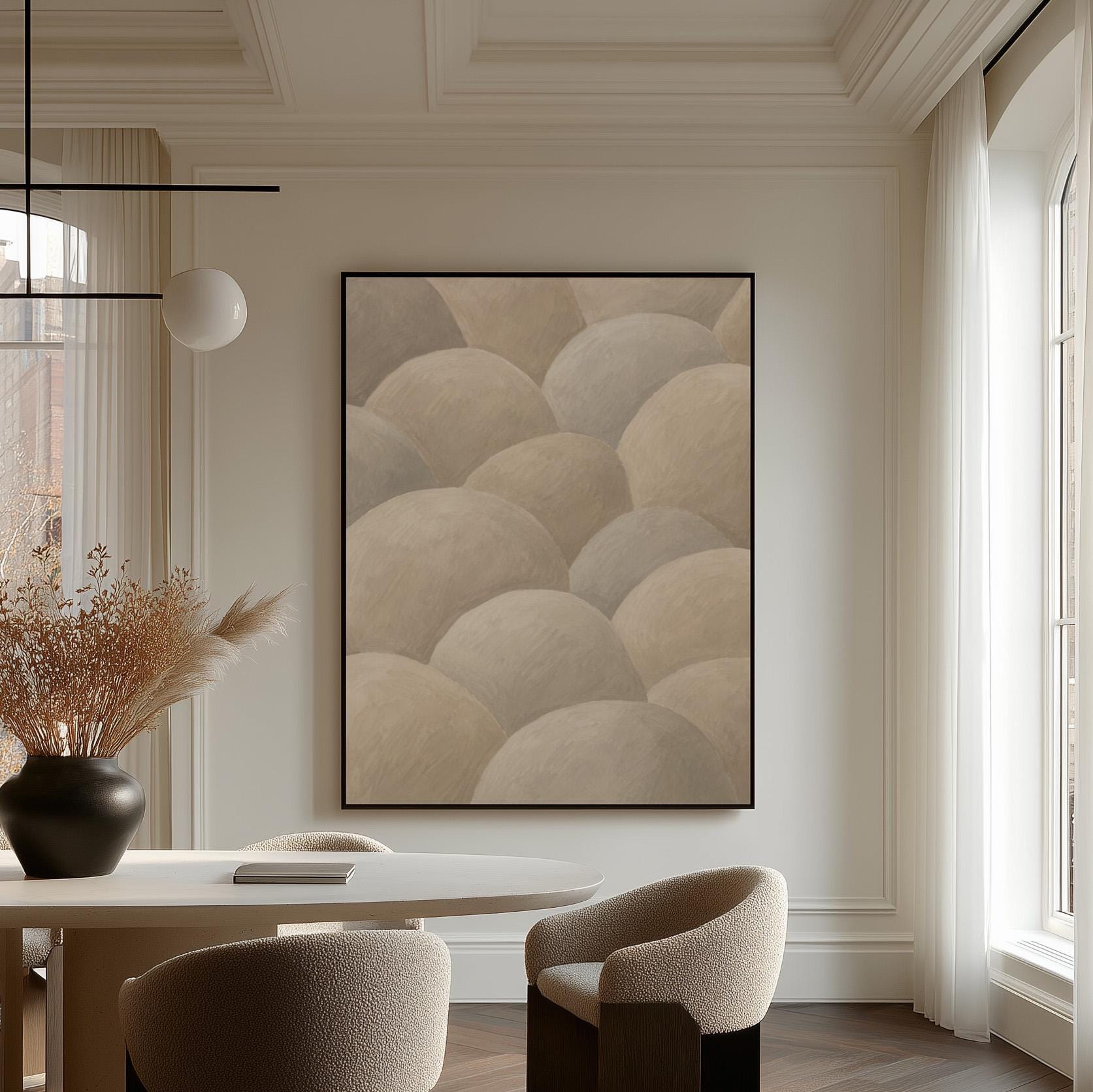 Rows of soft dome shapes in stone gray and beige, canvas wall art styled against a soft white wall