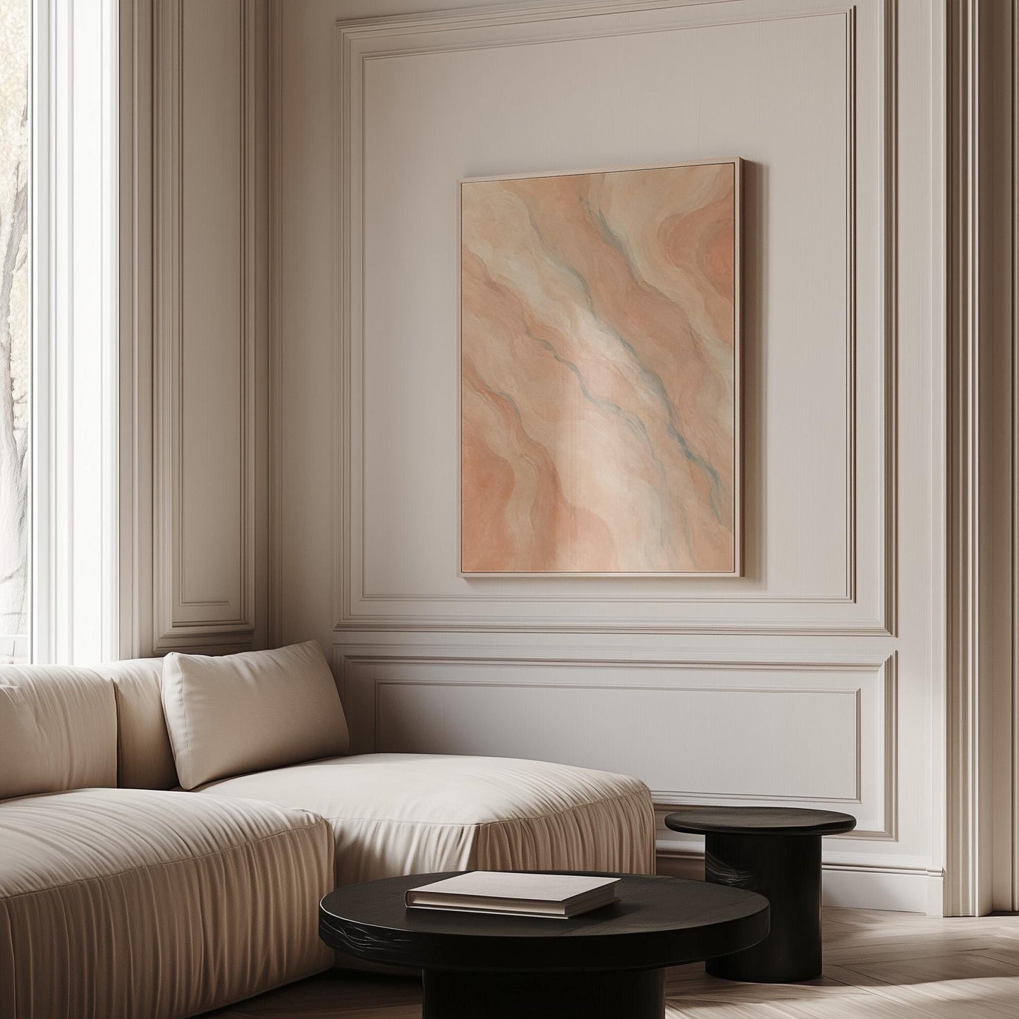 Soft flowing waves in peach blush and gray pastel, canvas print hanging in a calm, modern living space