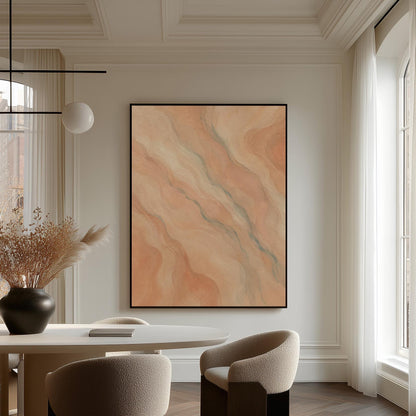 Soft flowing waves in peach blush and gray pastel, canvas print seen in a warm interior with natural light