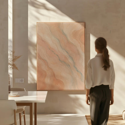 Soft flowing waves in peach blush and gray pastel, canvas print shown in a sunlit, contemporary room