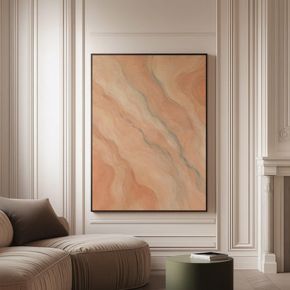 Soft flowing waves in peach blush and gray pastel, canvas print on a softly lit wall in a calm interior