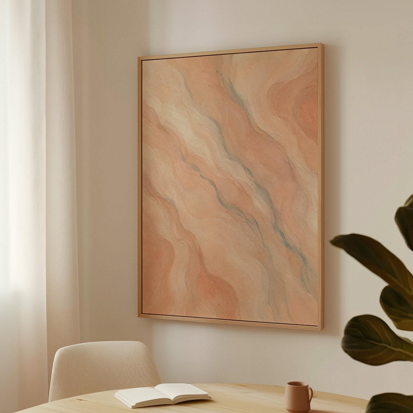 Soft flowing waves in peach blush and gray pastel, canvas wall art on a quiet wall in a considered interior