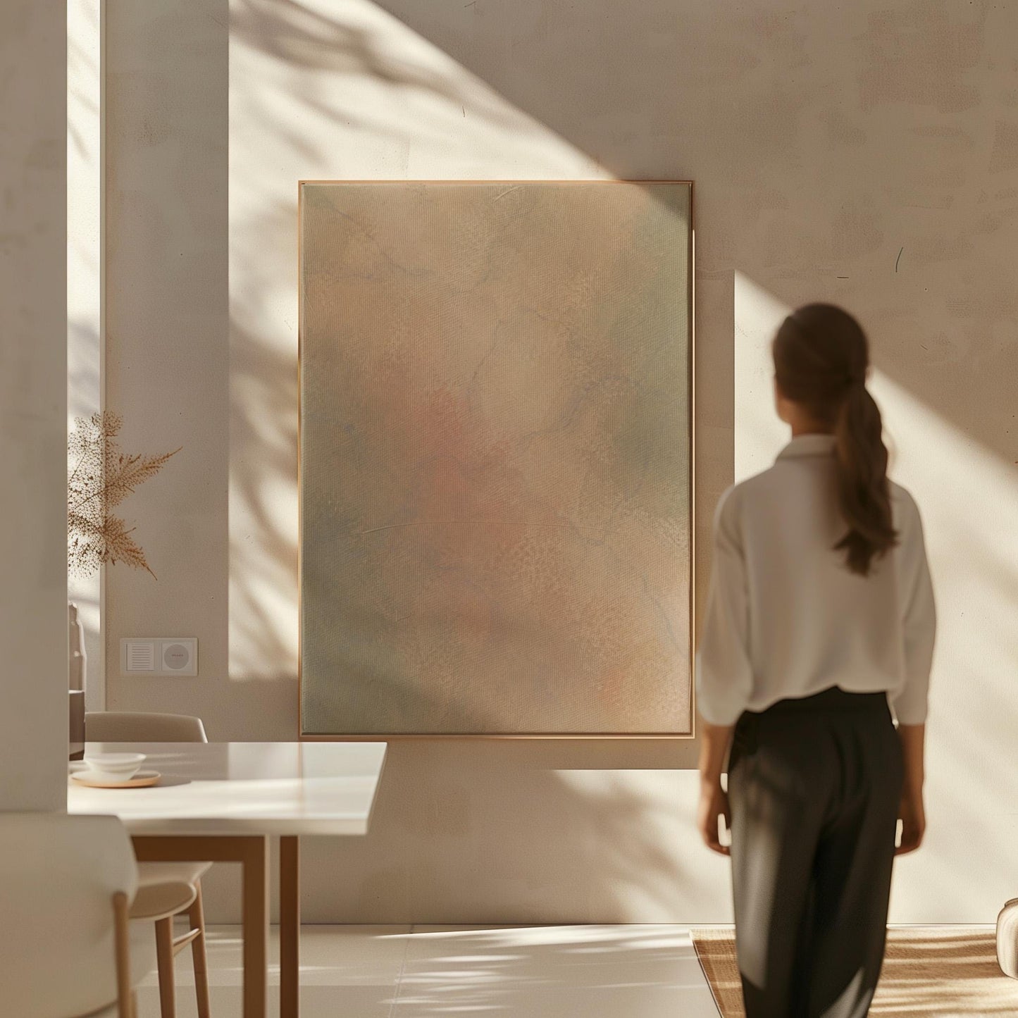 Hazy gradient blending peach and sage tones, canvas print on a quiet wall in a considered interior