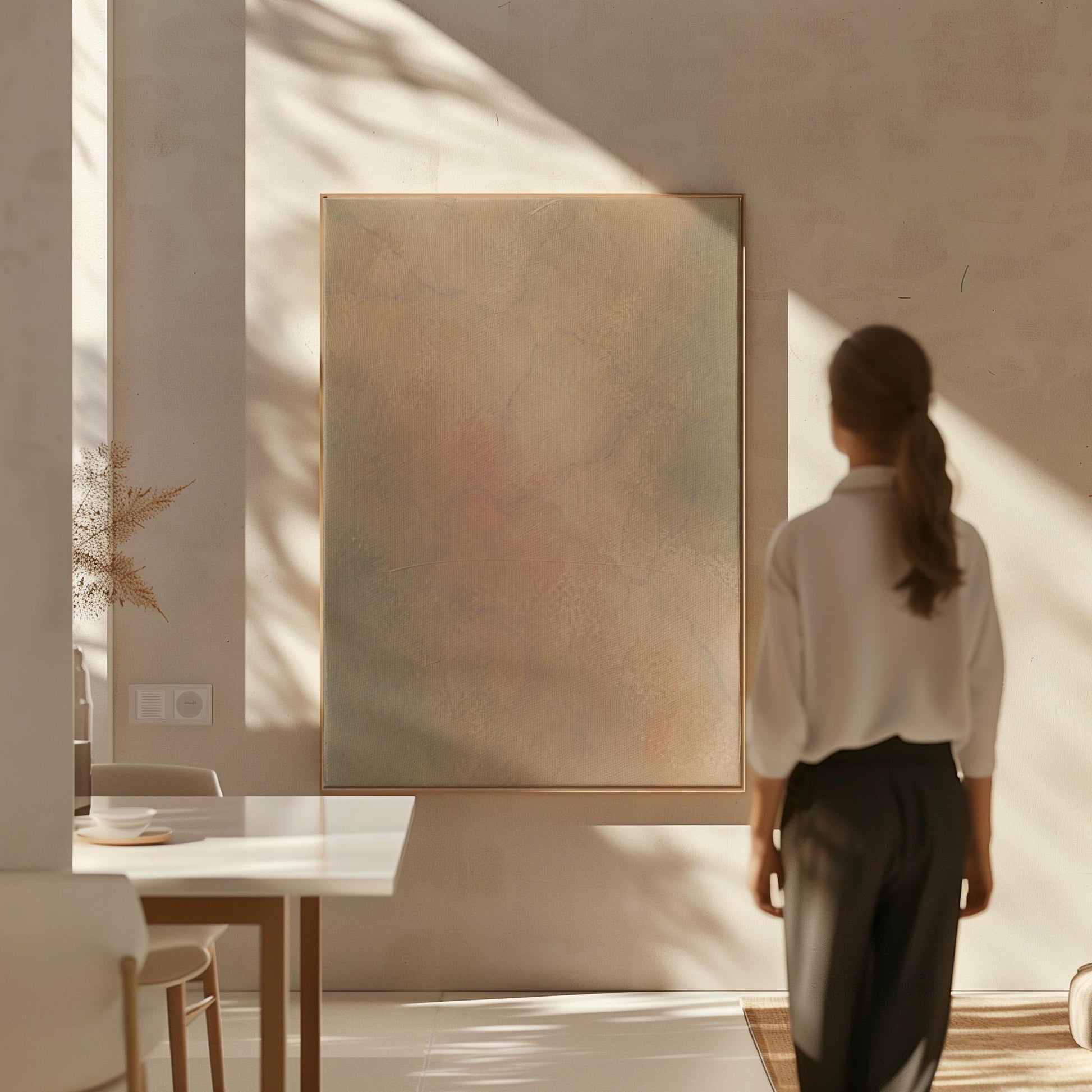 Hazy gradient blending peach and sage tones, canvas print on a quiet wall in a considered interior