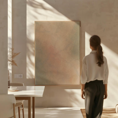 Hazy gradient blending peach and sage tones, canvas print on a quiet wall in a considered interior