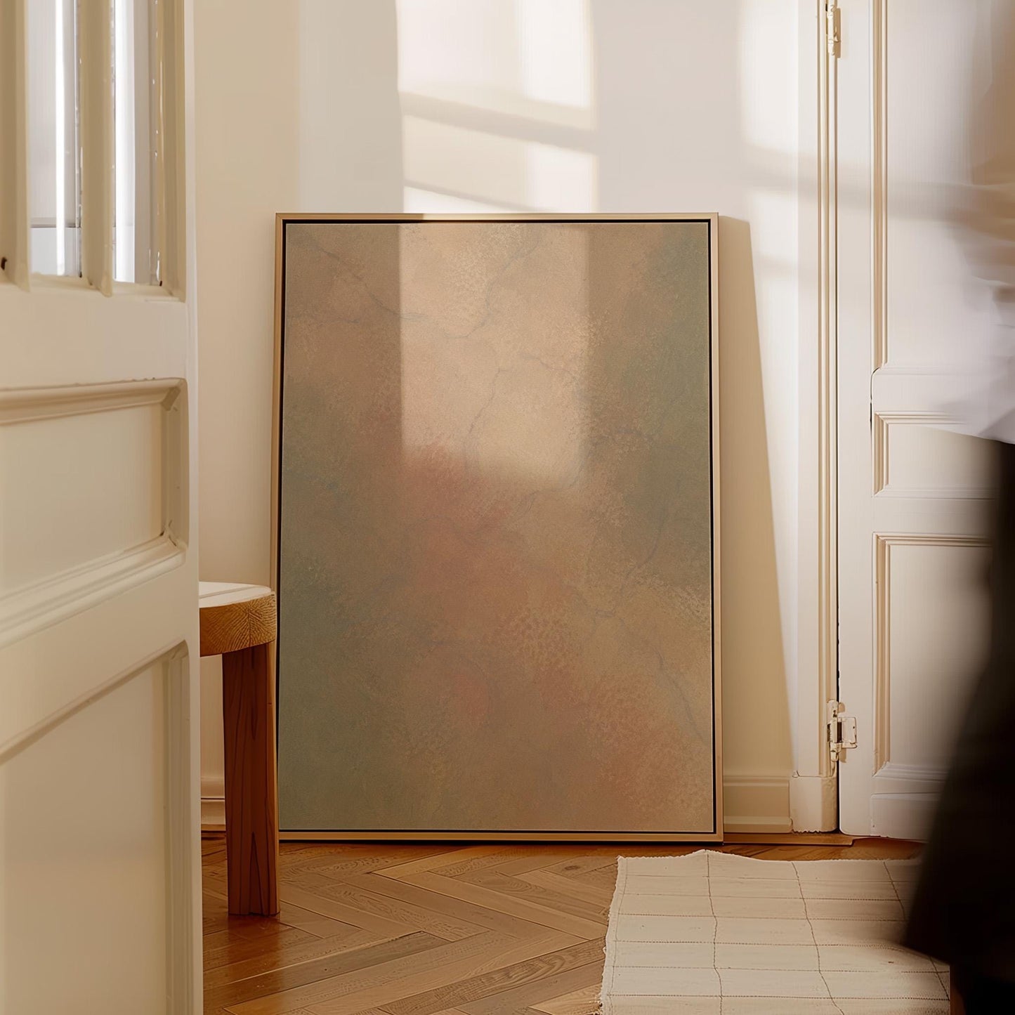 Hazy gradient blending peach and sage tones, canvas print shown in a sunlit, contemporary room