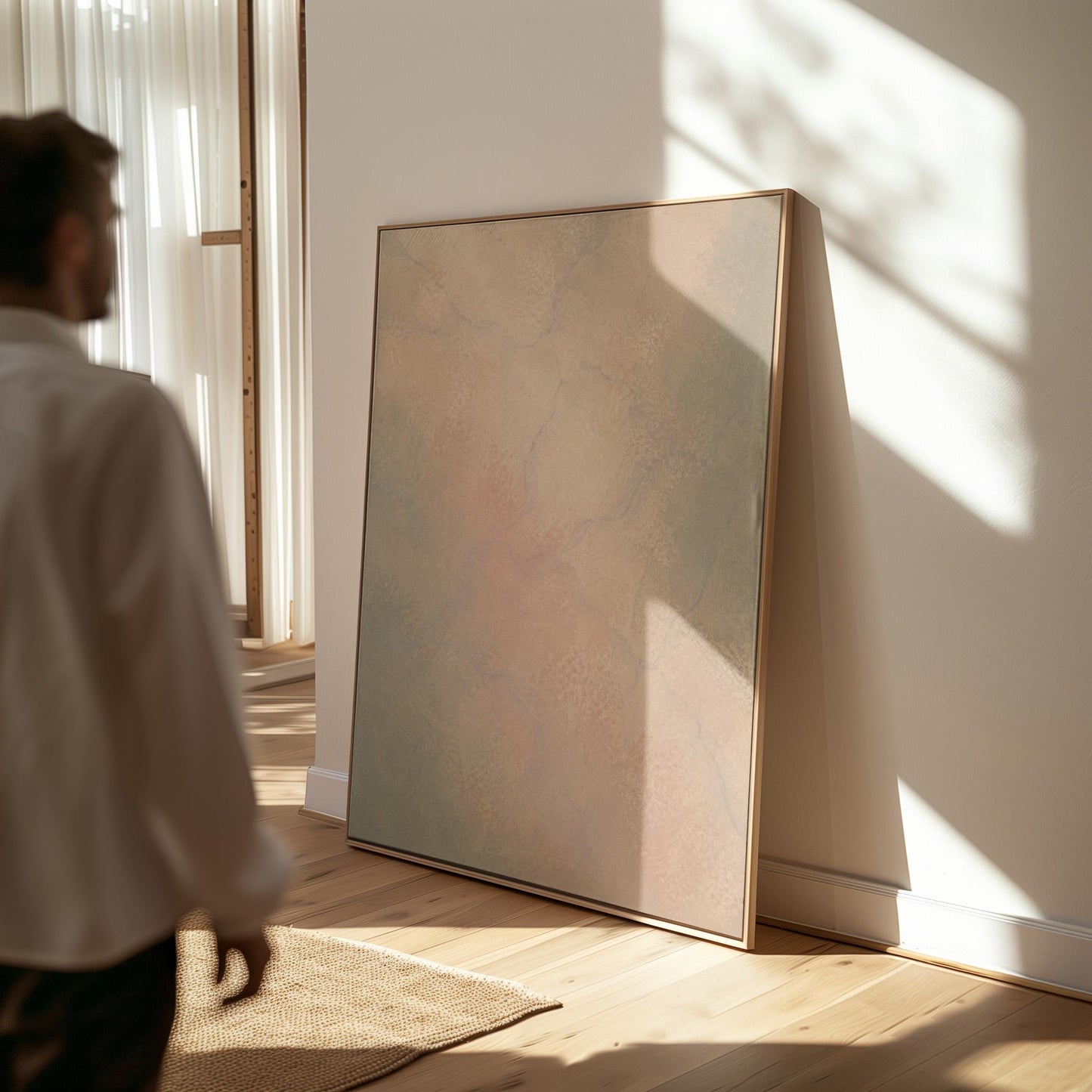 Hazy gradient blending peach and sage tones, canvas wall art hanging in a calm, modern living space