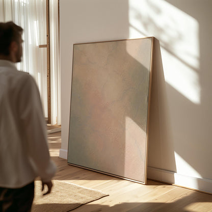 Hazy gradient blending peach and sage tones, canvas wall art hanging in a calm, modern living space