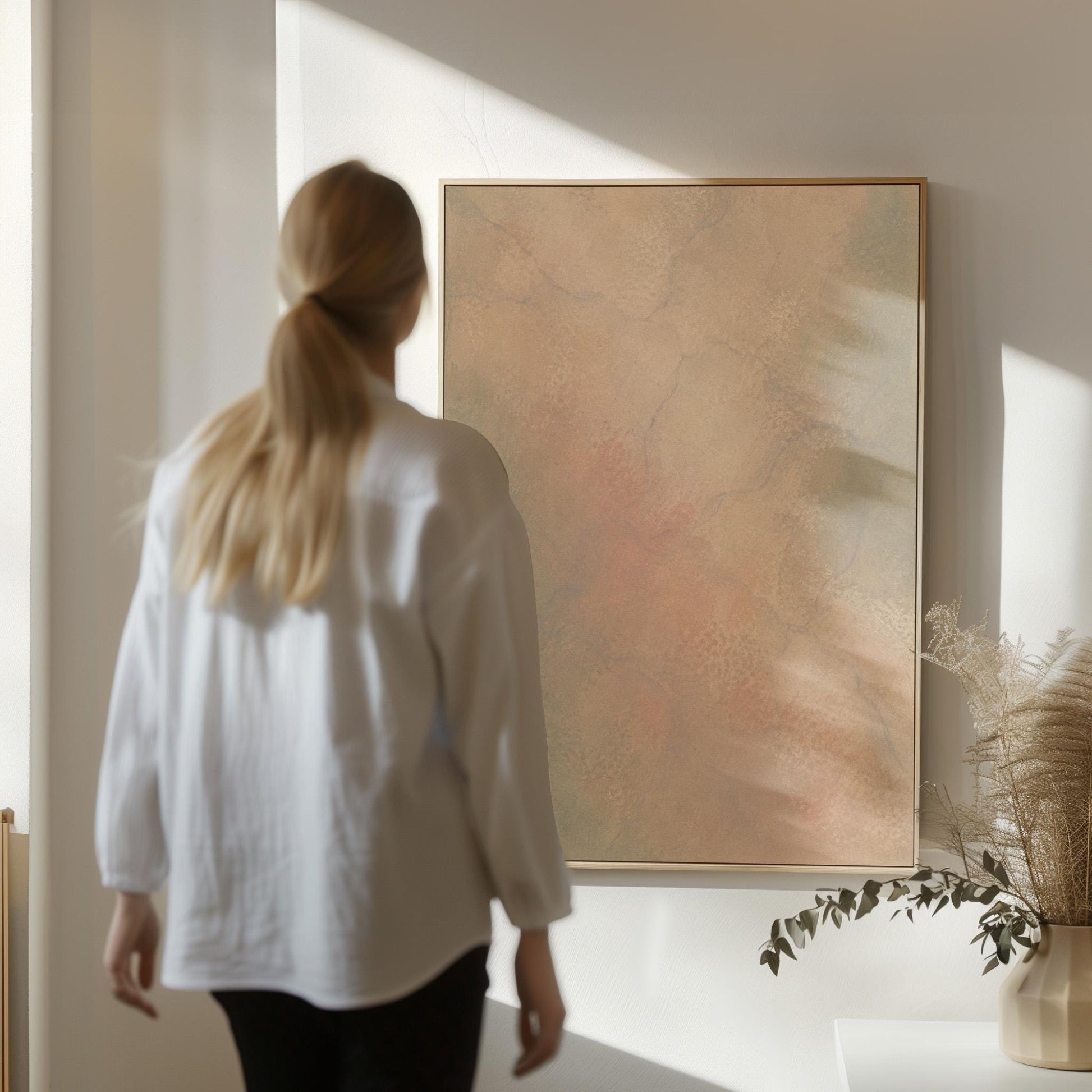 Hazy gradient blending peach and sage tones, canvas wall art styled against a soft white wall