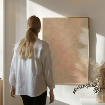 Hazy gradient blending peach and sage tones, canvas wall art styled against a soft white wall