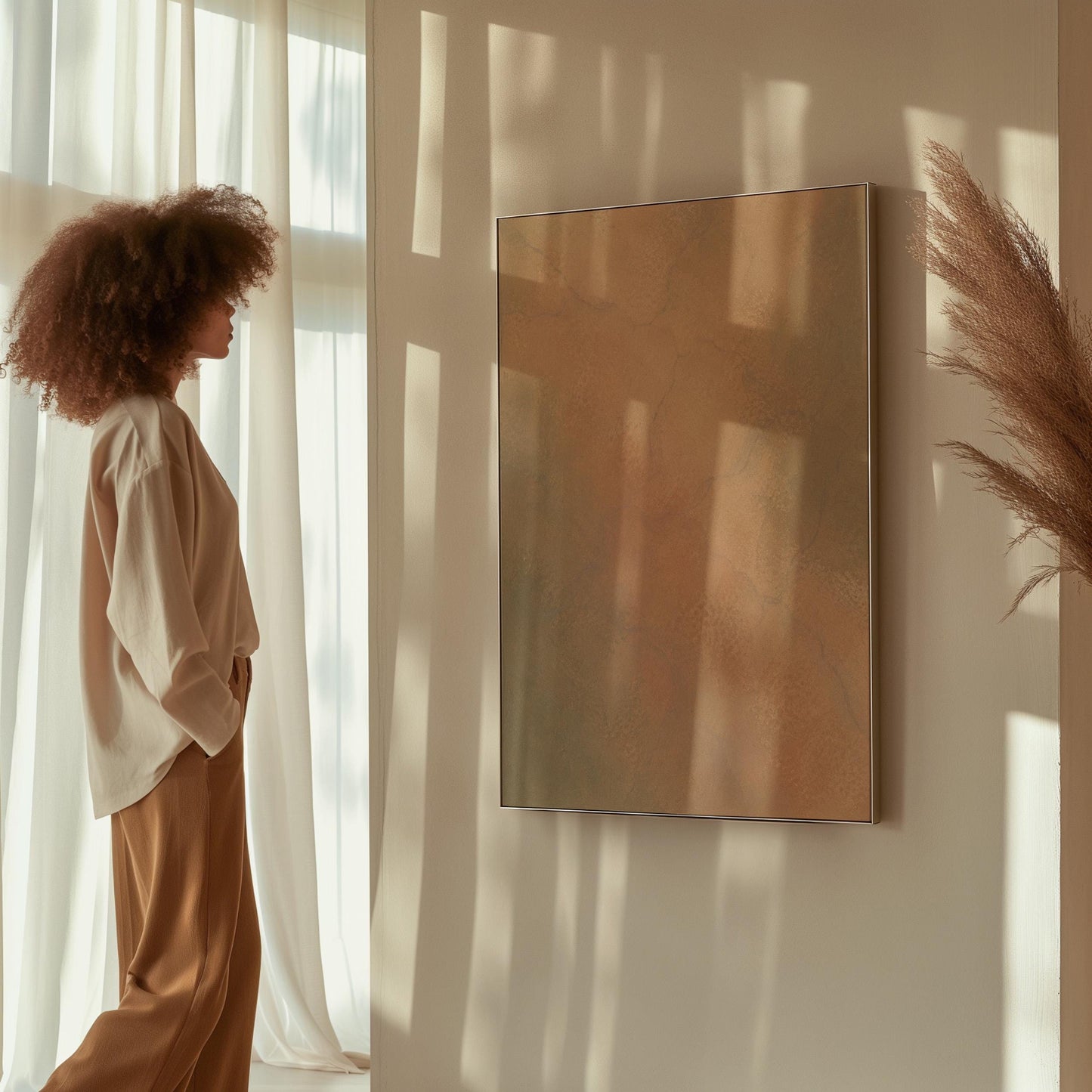 Hazy gradient blending peach and sage tones, canvas print seen in a warm interior with natural light