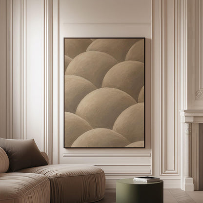 Rows of shaded dome shapes in deep taupe, canvas print on a softly lit wall in a calm interior