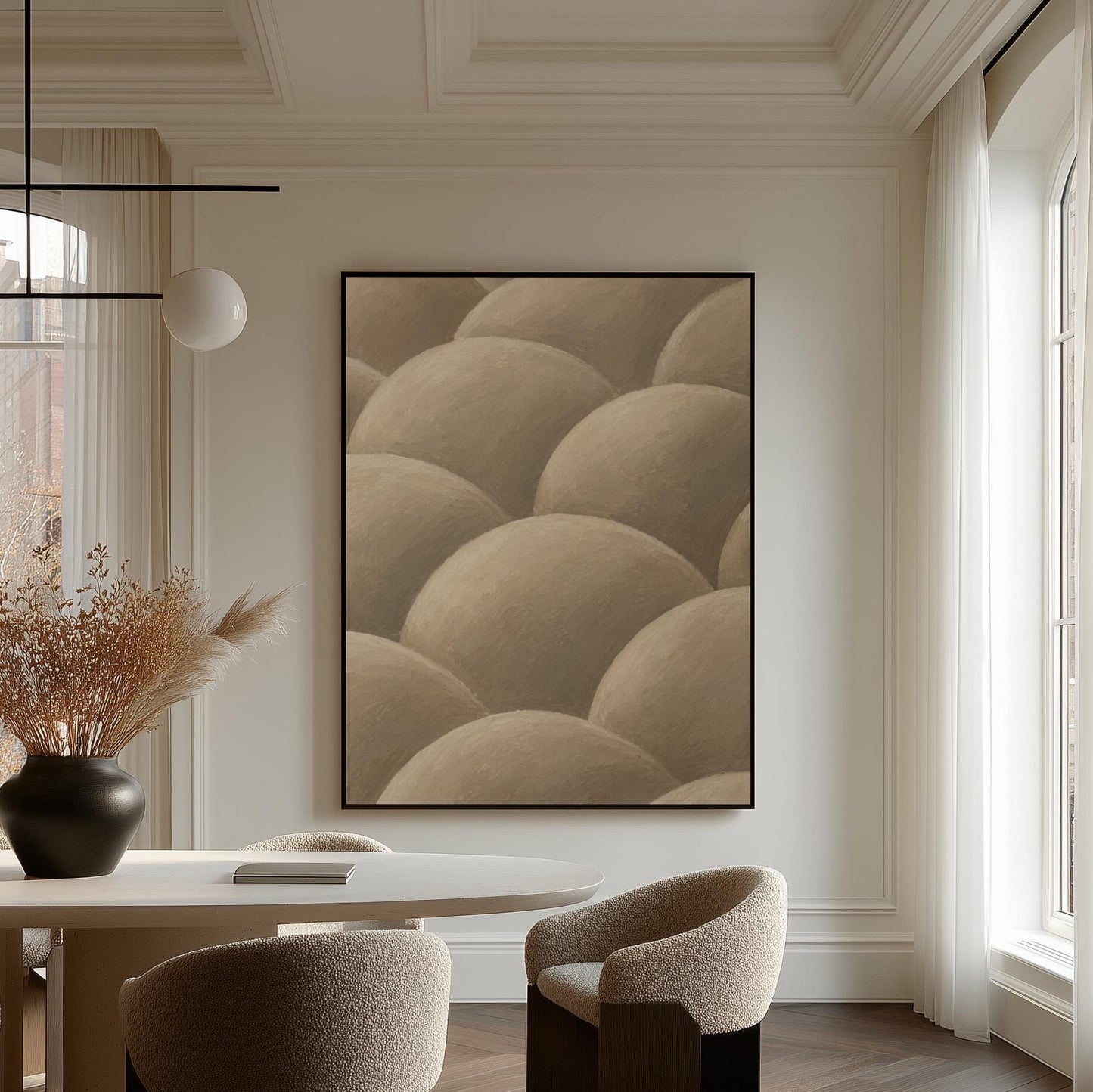 Rows of shaded dome shapes in deep taupe, canvas print displayed on a neutral wall in a styled interior