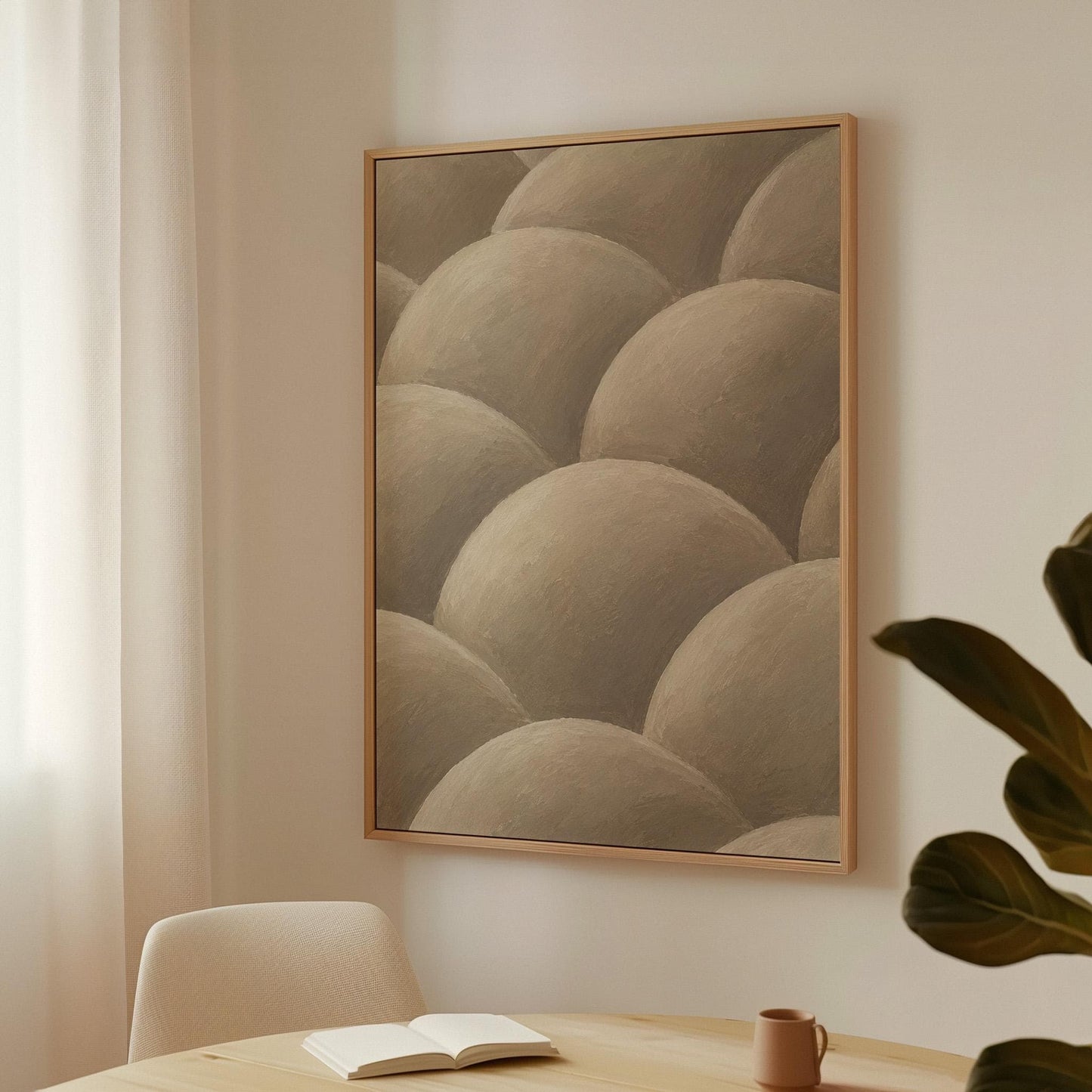 Rows of shaded dome shapes in deep taupe, canvas print shown in a sunlit, contemporary room