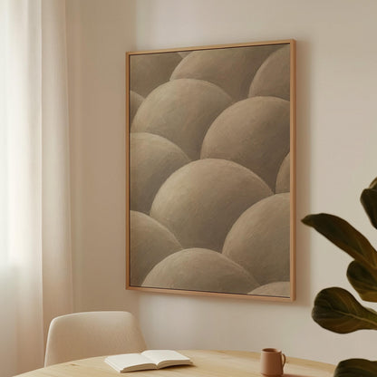 Rows of shaded dome shapes in deep taupe, canvas print shown in a sunlit, contemporary room