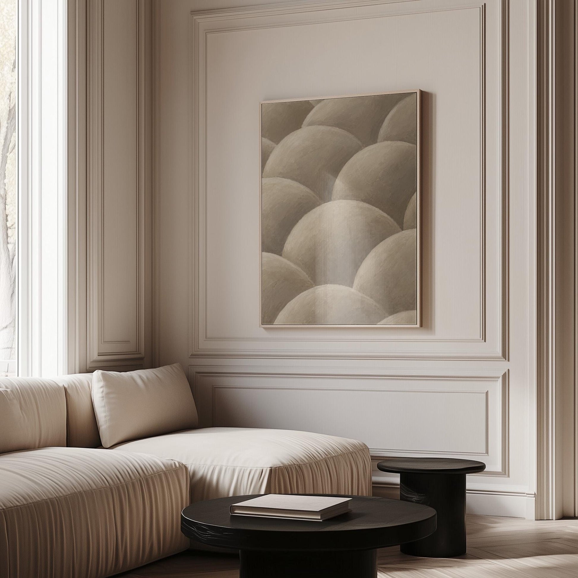 Rows of shaded dome shapes in deep taupe, canvas wall art presented in a light, minimal room